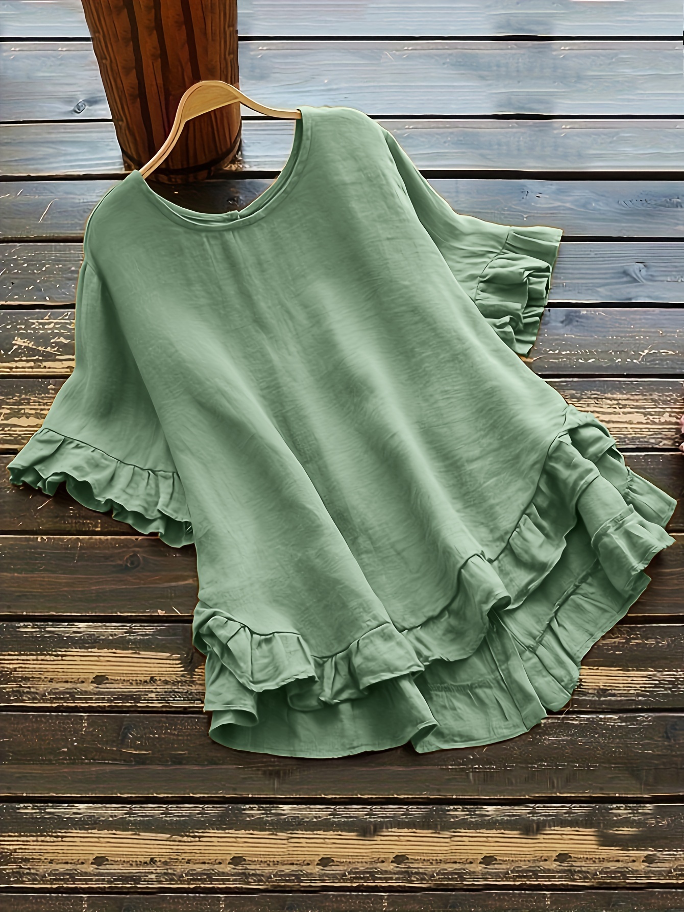 solid button back ruffled trim blouse casual short sleeve blouse for spring summer womens clothing details 3