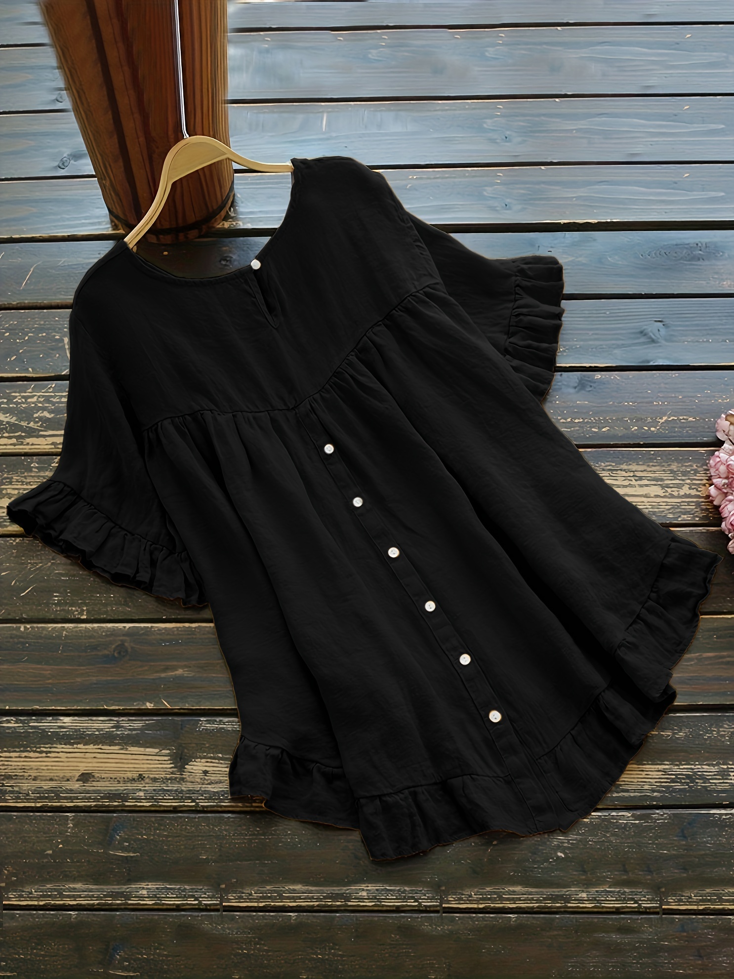 solid button back ruffled trim blouse casual short sleeve blouse for spring summer womens clothing details 10